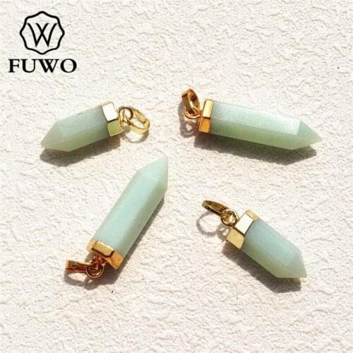FUWO Carved Amazonite Point Pendant With 24K Gold Electroplated High Quality Bullet Shape Natural Quartz Jewelry Wholesale PD124