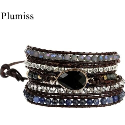 Teardrop Onyx Leather Wrap Bracelet Faceted Crystal Labradorite Natural Stone Beads Bracelets for Women Bohemian Jewelry Gift