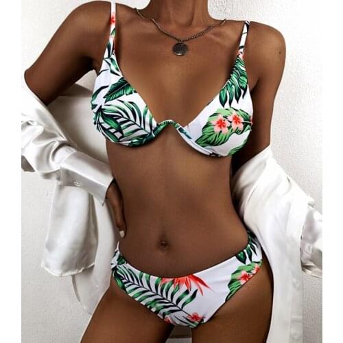 Two Piece Bikini Set Swimsuit For Women Leaf Print Tops High Waist Thong Bottoms Swimming Bathing Suit for Girls Beach Vacation