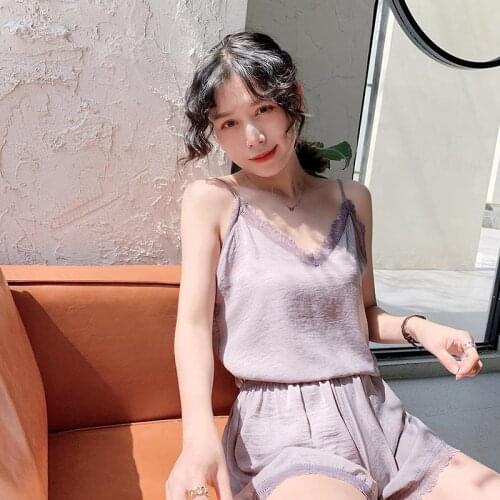 Summer womens pajamas suit simulation silk sexy suspenders short-sleeved shorts thin loose ice silk home pajamas 2 two-piece