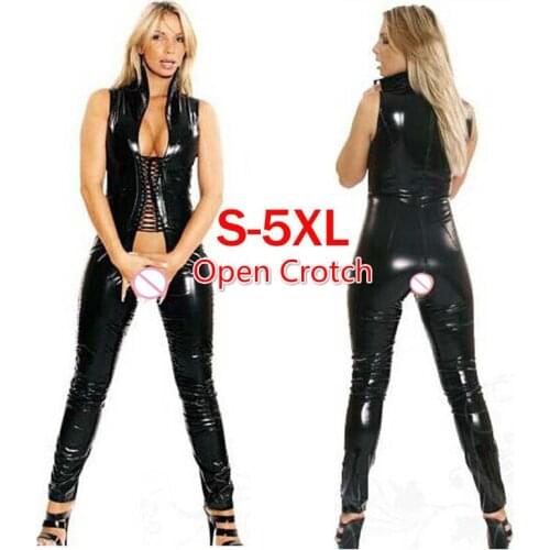 Hot Selling Women Sexy Catsuit Lace Up Front Sleeveless Jumpsuit Open Crotch Black Faux Leather Lingerie Bodysuit S-5XL