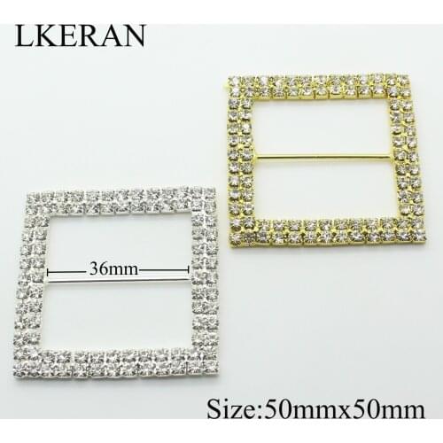 LKERAN 2pcs Double row Square 50X50mm(Inner Bar 36mm) Crystal Rhinestone Buckle Invitation Ribbon Slider For Wedding Accessories
