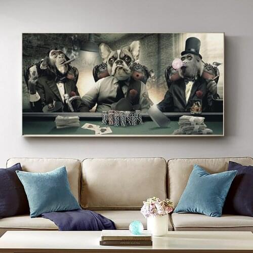 Cartoon Anime Art Canvas Painting Monkey and Dog at the Gaming Table Poster And Prints Wall Pictures For Room Cuadros Decoration