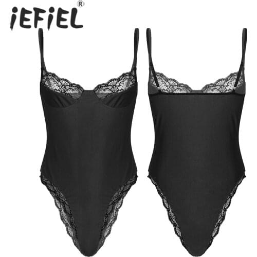 Mens One-piece Sleepwear Jockstraps Lace Trimming Bodycon Bodysuit Spaghetti Strap Unlined Wireless Bra Lingerie Teddies Catsuit