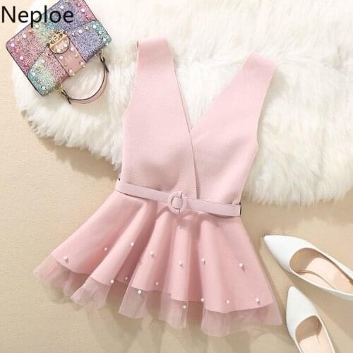 Neploe 2021 Autumn Winter Sleeveless Beading Vest V Neck Pink Patchwork Mesh Tanks Slim Waist Belt Pullover Elegant Camis 46975