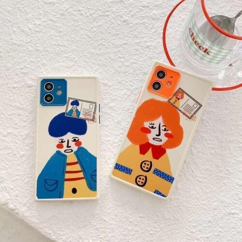 Very Cute And Fun Doodle Couple Phone Cover for iPhone 11 Pro Square Girly Cartoon Lover Phone Case for iPhone 11pro