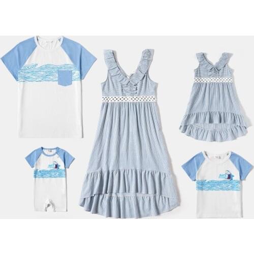 PatPat 2021 New Arrival Summer Mosaic 100%Cotton Casual Light Blue Series Sets(V-neck Dresses - Shark Rompers -Tops) Family Look