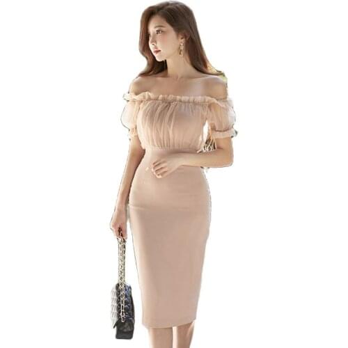 Off shoulder One piece Korea Fashion Dress for women Summer Short Sleeve Lace Sundress Sexy Ladies Office Midi Dresses