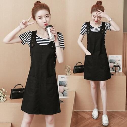 Summer Dress Korean Wide Strap Tank Top Dress Casual Loose A-line Buckle Pockets Mini Short Sun Dress Student Work Dresses Women