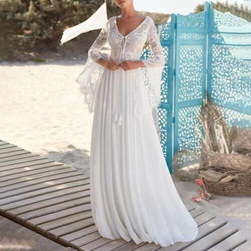 2021 Flare Sleeve Sweep Train Bohemian Lace Elegant Backless Chiffon Backless Beach Wedding Dress Bride Gown Vestidos De Novia