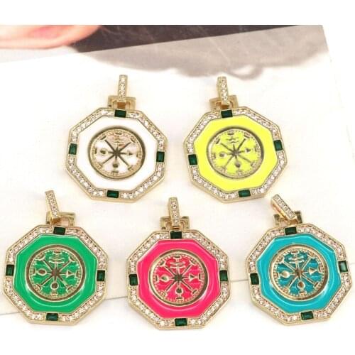 5Pcs Colorful Enamel Pattern On Octagon Shape Pendant, Gold Filled CZ Micro pave Charm,Necklace Bracelet Charm Pendant,25x29mm