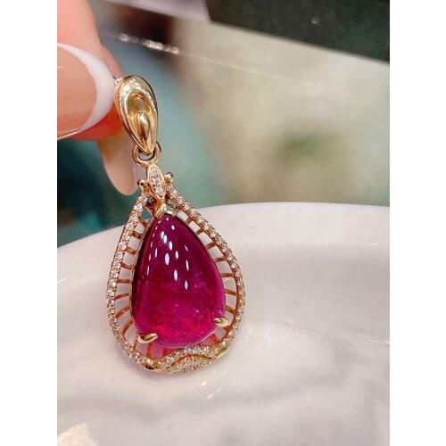 LR Rubillite Tourmaline Pendant Real 18K Gold Natural Rubillite Tourmaline 4.557ct Gemstones Diamond Pendant Necklace