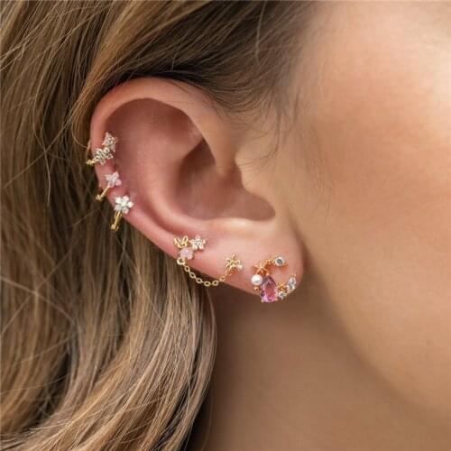 Ins Fashion Star Moon Stud Earrings Cute Pink Zircon Crytal Earrings For Women Girls Ear Ring Korean Jewelry Brincos