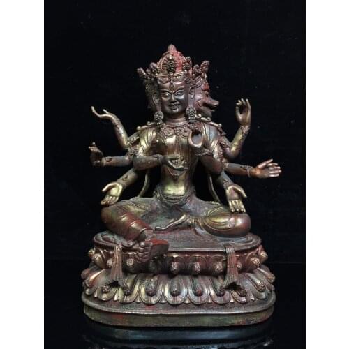 11"Tibet temple Old Bronze Lacquer Cinnabar Three-faced eight-armed Buddha Bull head Mahakala head statue Sitting Buddha