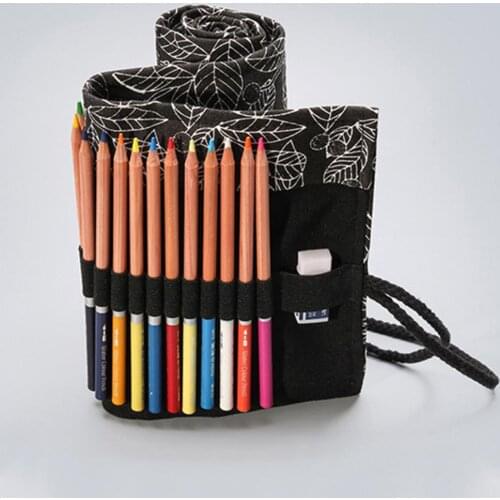 Student Multi-Holes Large Capacity Leaves Printed Canvas Rolled Pen Storage Bag