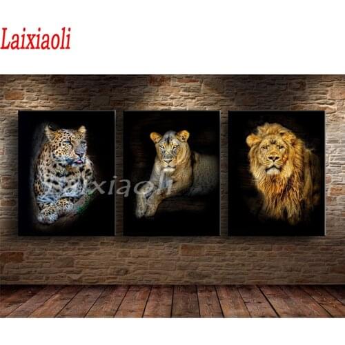 Triptych,DIY Diamond Embroidery,Diamond Painting 3 Pcs Lion Tiger Leopard pattern icons Diamond Mosaic pictures Home Decoration