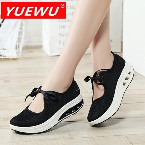 YUEWU Simple Fashion Shallow Mouth Rocking Shoes Breathable Mesh With Ribbon Soft Round Head High Size Casual Shoes