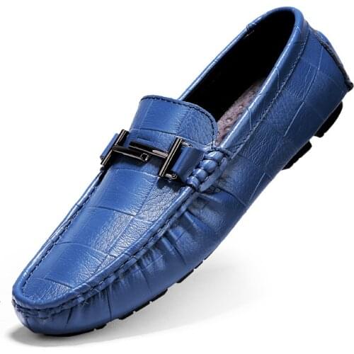 Genuine Leather Men Shoes Luxury Brand Casual Slip on Formal Loafers Men Moccasins Italian Black Blue Male Driving Shoes