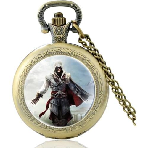 Personality Unique Assassin Design Glass Cabochon Bronze Quartz Pocket Watch Men Women High Quality Pendant Necklace Hours Clock