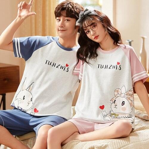 Korean Couple Pajamas Set Cartoon Cute Pink Patchwork Women Homewear Cotton O-neck Plus Size Summer Short Sleeve Men Sleepwear