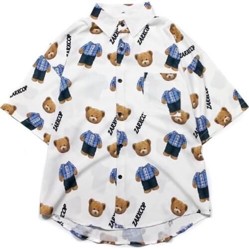 Harajuku Cartoon Bear Print Personality Women Loose Short-Sleeved Shirts Summer European And American High Street Thin Men Top