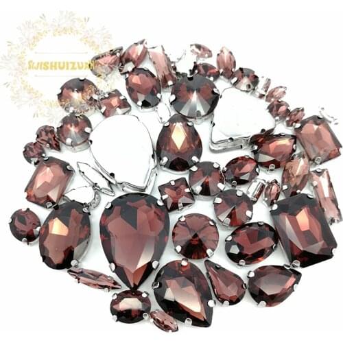 52pcs 23sizes 10shapes MIX wine red shape Crystal Glass Sewing Rhinestones silvery Bottom DIY Womens Dresses sijishuizuan