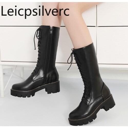 Womens Boots Autumn And Winter The New fashion Round head zipper mid heel Middle tube Womens shoes plus size 34-43 5.5cm high