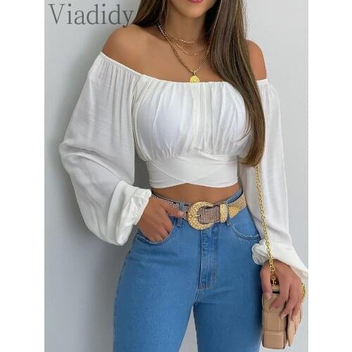 Women Summer Off Shoulder Ruched Lantern Sleeve Crop Top Blouse