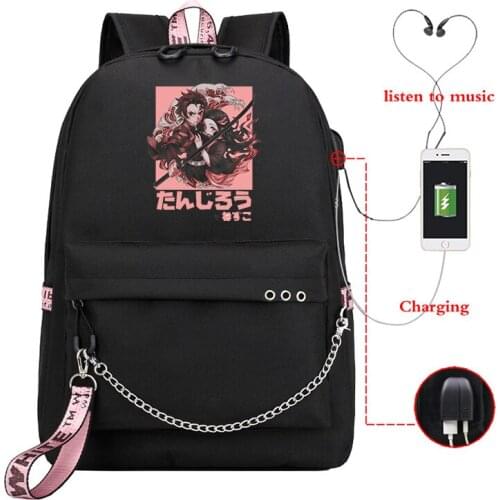 Kimetsu No Yaiba Women Bookbag With Usb Cable Line Bags Female School Backpacks Teeanger Girls New Fashion Usb Charging Backpack