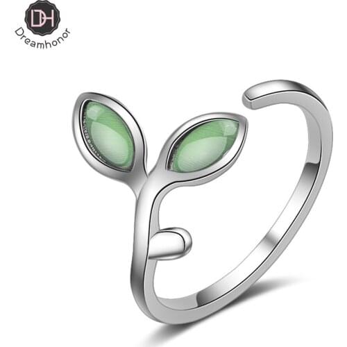 Green Leaf Handmade Creative 925 Sterling Silver Temperament Personality Fashion Female Trendy Resizable Opening Rings