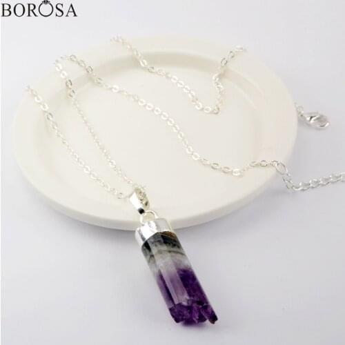 BOROSA Purple Crystal Point Pendant Necklace for Women 18'' Gold Silver Plated Natural Amrthysts Pillar Necklace WX1505-N