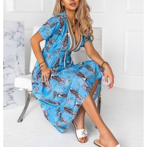 Sexy V-Neck Women Tassel Party Dress Elegant Vintage Pattern Printed Long Dress Spring Summer Casual Short Sleeve Dress Vestidos