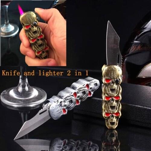 New 2 In 1 Skull Shaped Gas Lighter Knife Multifunctional Windproof Lighter Red Flame Cigar Metal Smoking Set Outdoor Gadget