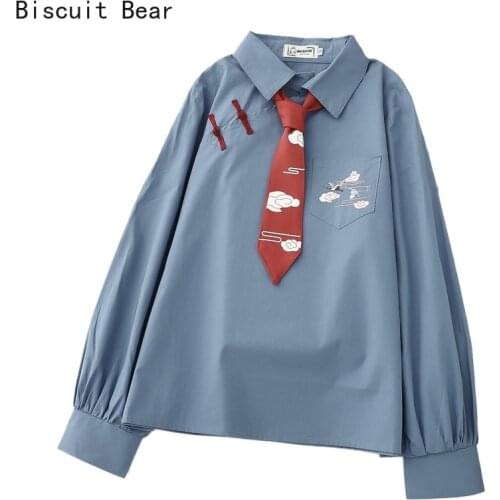 2021 Summer Cotton Pullover Blouses for Women Harakuju Print Logn Sleeve Turndown Collar Shirts with Tie Casual Pocket Tops