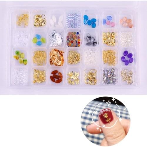 28 Grid Nail Art Mixed Metal Rivets Phantom Color Pearl Gold Foil Seashell Stars Moon Irregular AlloyDIYnail Art Decoration Tool