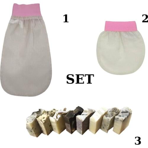 Turkish Set %100 Cocoon Silk with Best Exfoliating Peeling Bath Mitt and Face Glove, and Handmade 66% Laurel 34% Olive Oil Soap