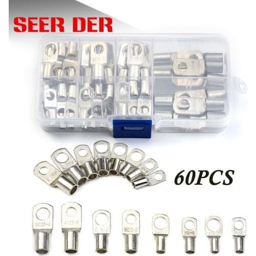 60Pcs SC Bare Terminals lug Tinned Copper Tube Lug Ring Seal Battery Wire Connectors Bare Cable Crimped/Soldered Terminal Kit