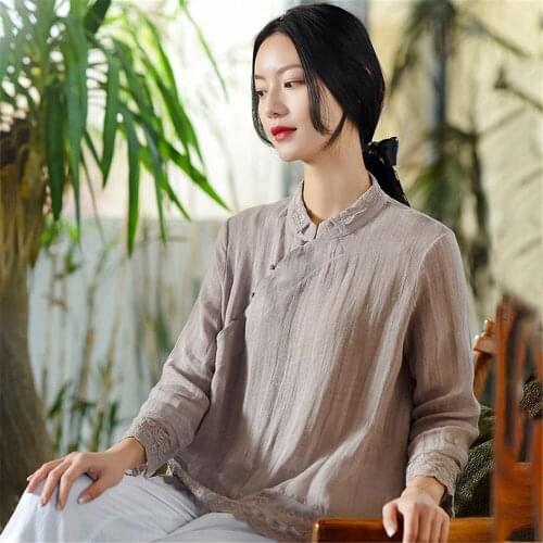 Women Blouses Cotton Linen Tops Pure Color Long Sleeve 2021 Spring Autumn Chinese Style Oblique Single Breasted Female Shirts