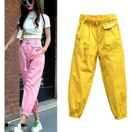 With Sashes Women Candy Color Cargo Pants Spring Summer Carpris Casual Pants Haren Trousers Pockets Young Ladies Pants SY020