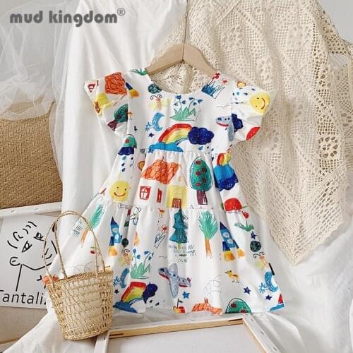 Mudkingdom Girl Graffiti Dress Summer Cartoon Backless Bow Puff Sleeve Princess Dresses for Kids Elastic Waist Loose Clothing