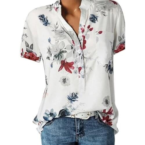 Elegant Womens Shirt Printing Large Size Casual Shirt Fashion V-neck Short-sleeved Shirt Blouse
