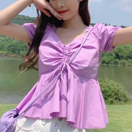 Purple Sweet Chiffon Blouse Women Short Shirring Slim Designer Chic Tops Female Casual Holiday Outdoor Beach Blouse Summer 2021