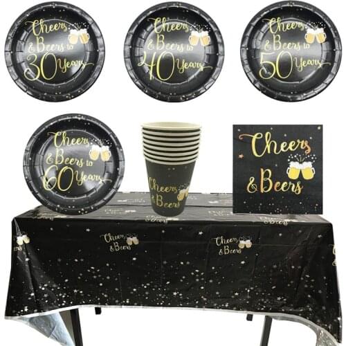 JQSYRISE Black Gold 30 40 50 60 Year Old Paper Plates Cups Napkins Tablecloth Disposable Tableware Adult Birthday Party Supplies