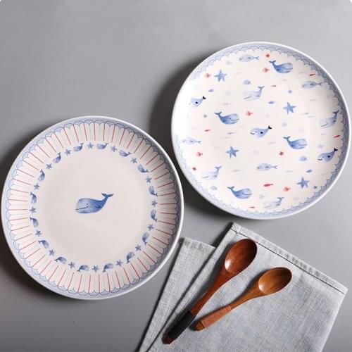8 Inches Nordic Ceramic Dessert Plate With Whale Pattern Bread Cake Saucer Home Restaurant Fruits Salad Dishes Party Tableware