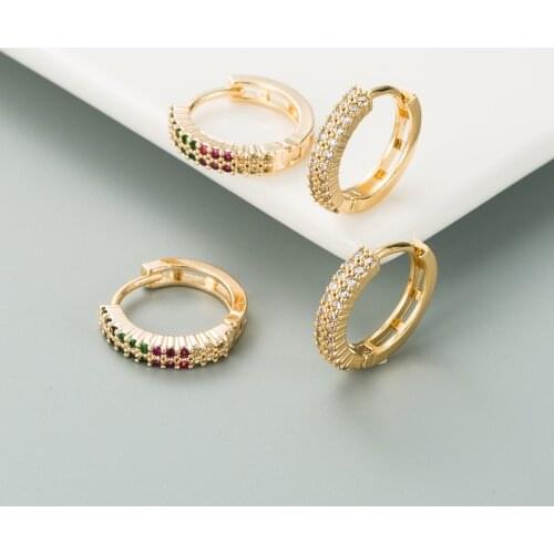 Classic Multicolor Rainbow Hoop Earrings Bohemia Two Row Crystal Zirconia Stone Copper Golden Huggies Female Earring Accessory