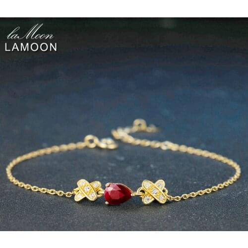 LAMOON Teardrop 5x7mm 2.1ct 100% Red Ruby 925 sterling-silver-jewelry S925 Charm Bracelet LMHI037