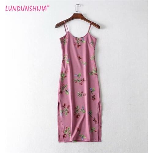 LUNDUNSHIJIA 2020 New Arrival Summer Women Flowers Printed Long Dress Ladies Fashion Cotton Sexy Slim Split Suspender Dresses