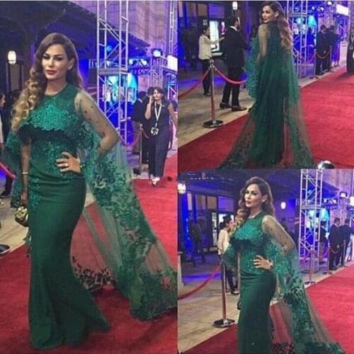 Muslim kaftan dubai Evening Middle East Jewel Neck Lace Appliques Mermaid Floor Length Prom gown green Wrap Celebrity Dresses