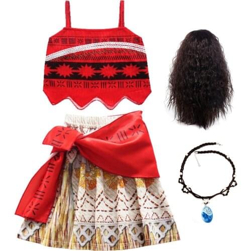 Girl Vaiana Necklace Dress for girls Moana Dresses Kids Party Cosplay Costumes With Wig Children Clothing Moana clothes