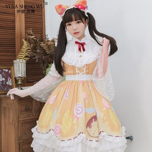 Lolita Dress Sweet Cute Cat Japanese Kawaii Girls Princess Maid Vintage Gothic Printed Patterns Lace Summer Woman Cook Cosplay